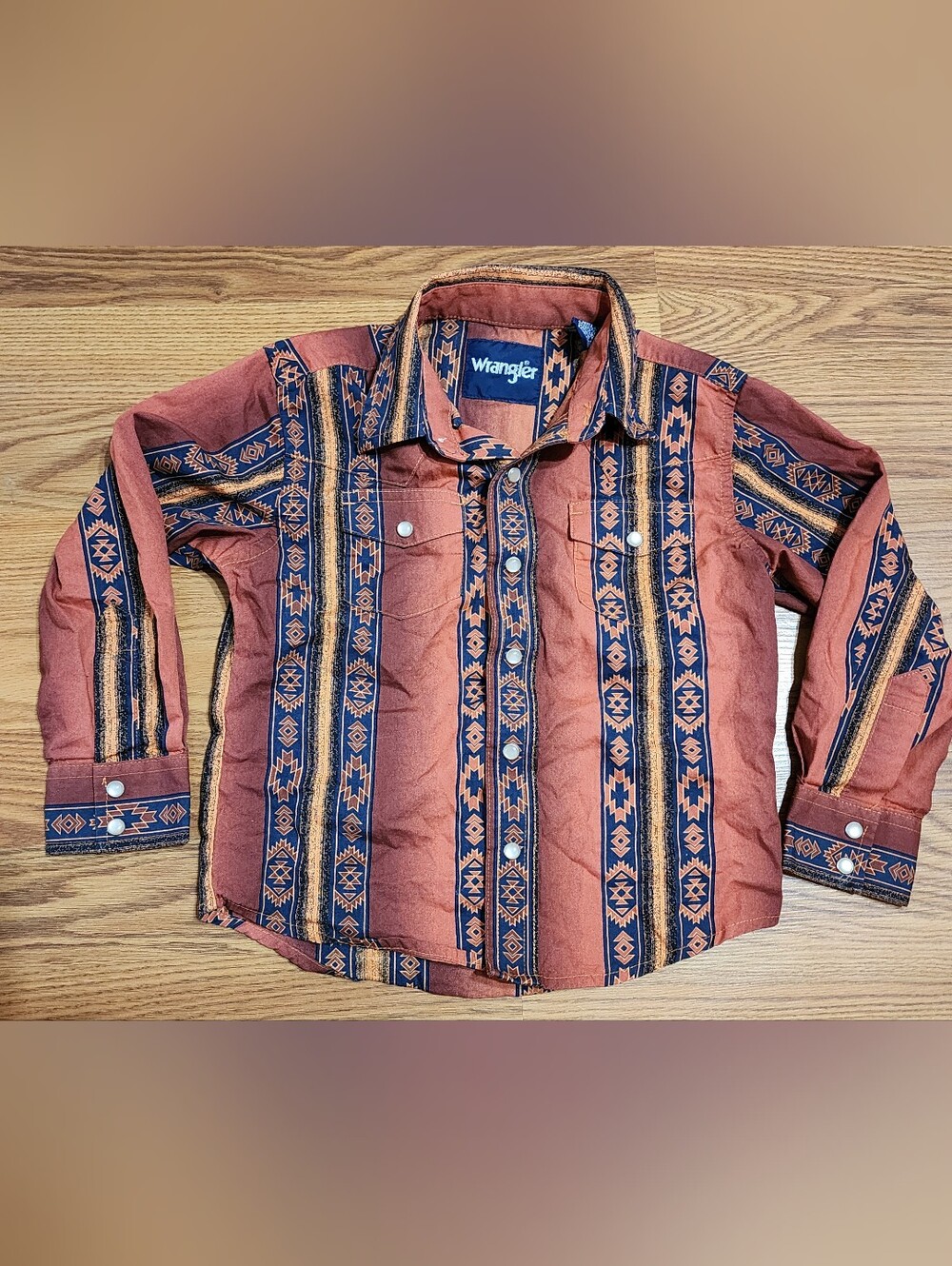 Wrangler Boys XS Western Pearl Snap Shirt Southwestern Aztec Rust Navy Cotton